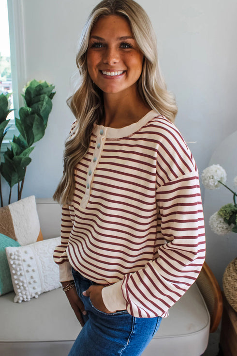 Striped Drop Shoulder Snap Front Henley Long Sleeve Top